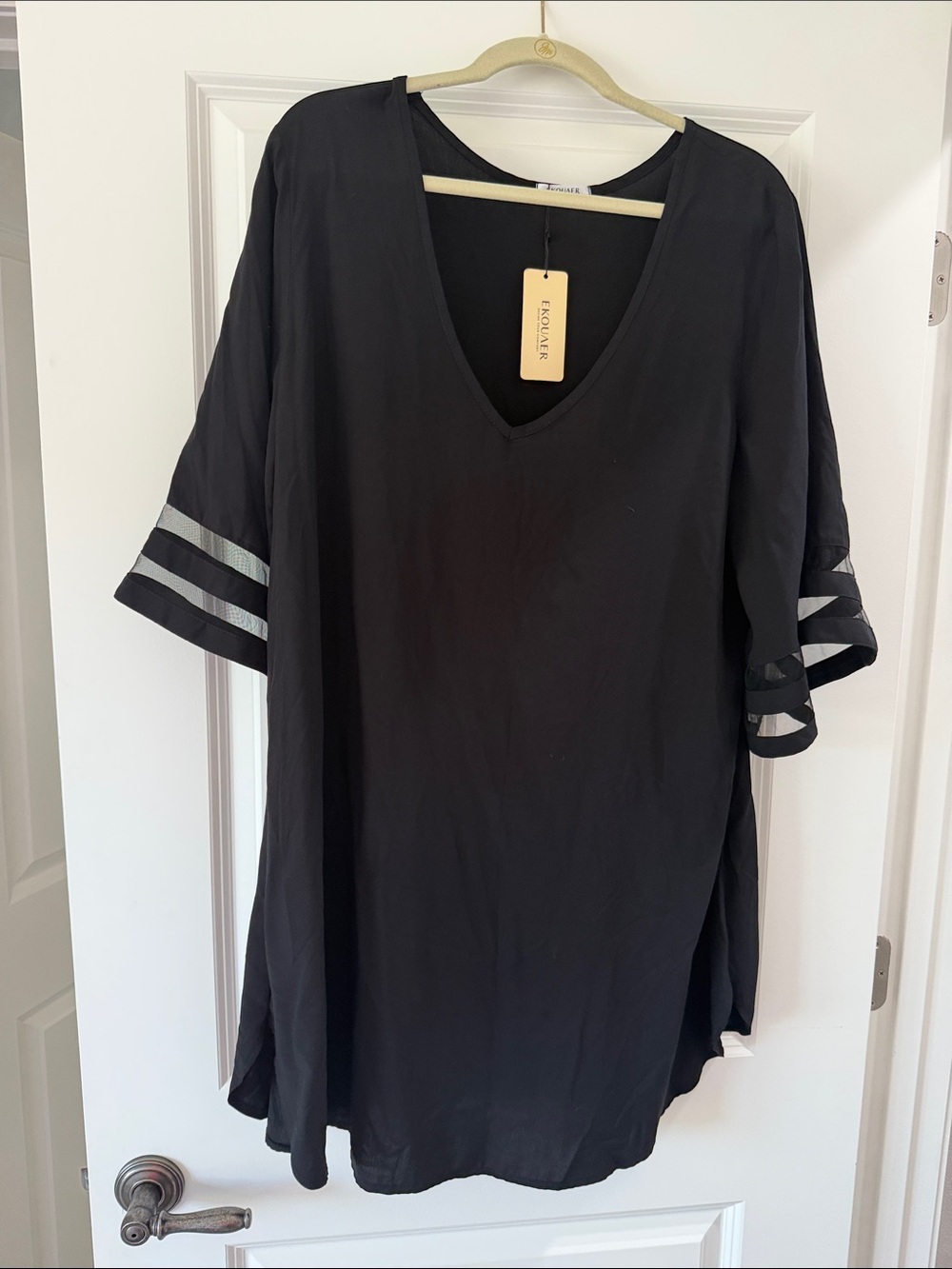 Eloquii Black V-Neck Swim Coverup with Sheer Stripe Sleeves